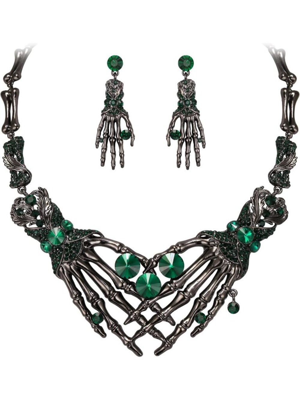 Women's Green Black Tone Halloween Skeleton Hand Skull Crystal Austrian Necklace